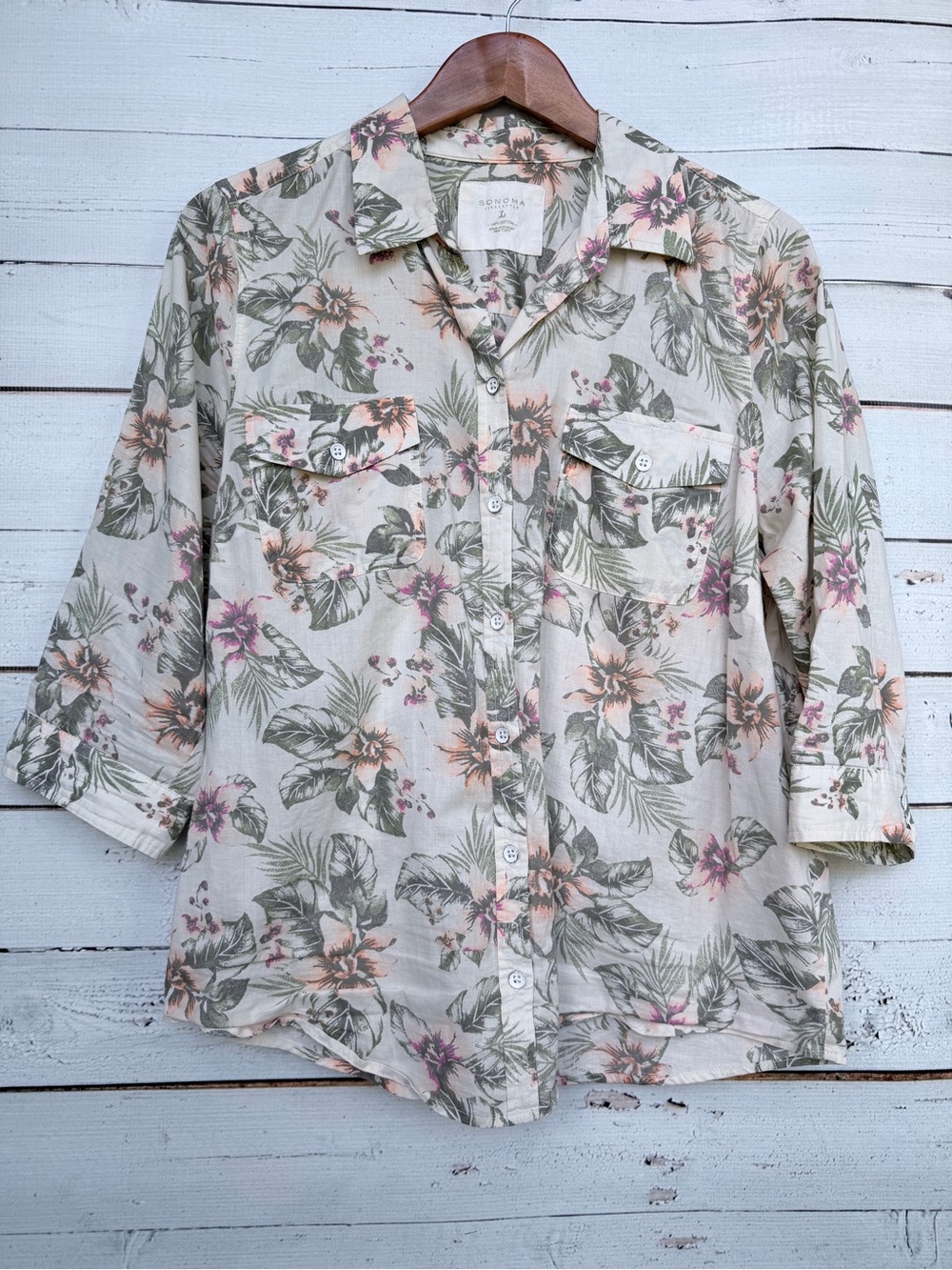 Sonoma Life + Style 100% Cotton Tropical Floral Button Down Blouse - Large
